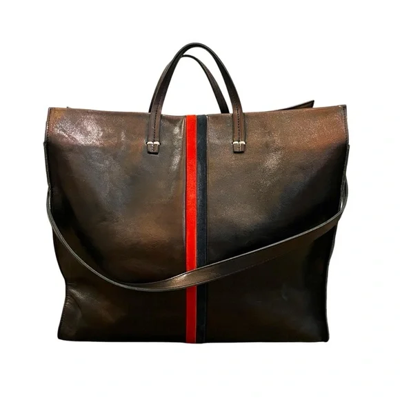 Clare V. Simple Tote Metallic Leather Contrast Racing Stripe Trim Shoulder Tote - Picture 1 of 11